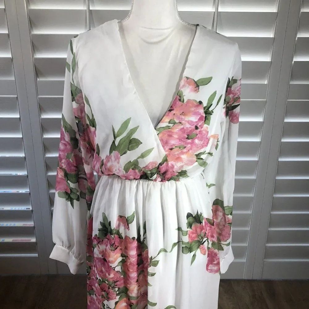 White Floral Chiffon Surplice Maxi Dress Small Long Sleeve Handmade Pink Flower